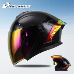 715-Motorcycle Dual Visor Flip-Up Modular Full-Face Helmet Anti-Fog Street Bike Racing Helmet for Women and Men Retro 3/4 Helmet