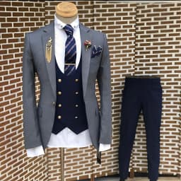 Men's Suit Business Jacket Dark Gray Jacket Navy Blue Vest Pants 3-Piece Set Slim Fit Wedding Tuxedo for Men
