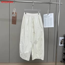 Women's White Elastic Waist Wide Leg Pants Summer Female Casual Loose Trousers