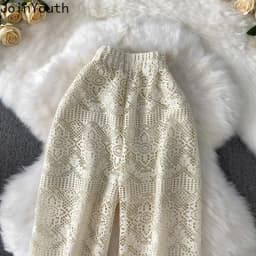 Summer Straight Pants for Women's 2025 New Bottoms High Waist Fashion Hollow Out Thin Pantalon Femme Korean Lace Trousers 63e165