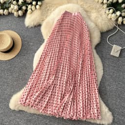 Korean Style Polka Dot Print Pleated A-line Long Skirts Women 2026 Spring Summer High Waist Casual Skirt
