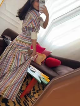Multicolor Striped Shirt 2 Picec Set Button Front Blouse High Waist Flared Hem Maxi Skirt 2026 Summer Elegant Lady Vacation Suit
