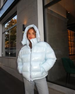Women's Glossy Shiny Hooded Zip Cropped Puffer Jacket Oversized Loose Fit Long Sleeve Elastic Cuff Padded Warm Casual Winter Top