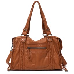 Vintage Washed PU Leather Large Capacity Tote Zip Pockets Braid Decor Shoulder Cross body Bag Unisex Women Daily Travel Handbag