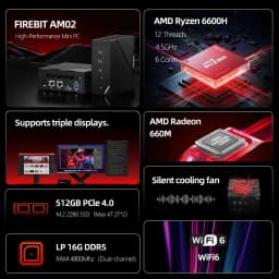 FIREBAT AM02 MINI PC AMD Ryzen 5 6600H LPDDR5 16GB RAM 512GB SSD Windows 11 WIFI6 Bluetooth5.2 HDMI 6 Cores 12 Threads