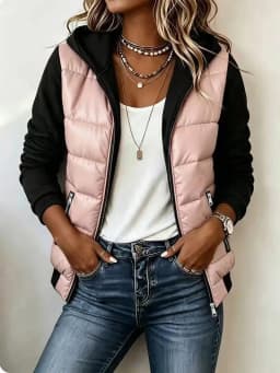 Women's Color Block Hooded Puffer Jacket -Quilted Zip Up Coat with Contrast Sweatshirt Sleeves, Casual Lightweight Winter Outer