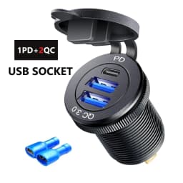 Aluminum 60W USB Charger Socket Fast Charge 12V/24V USB C Car Charger Socket PD and QC3.0 Dual USB Ports for Car Boat Motorcycle