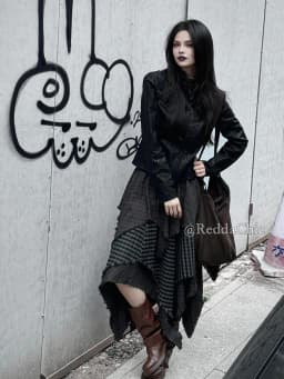 ReddaChic Alt Goth Contrast Plaid Skirt Grunge Retro Elastic Waist Raw Edge Irregular Ruffle Long Skirt Plus Size Women Clothes