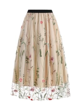 Tonval Floral Embroidered Mesh Overlay Lined Long Skirt Elastic Waist Women Elegant Festival Outfit Summer Vintage Skirts