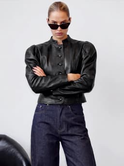Fashion Solid Faux Leather Women's Jacket Stand Collar Button Short Loose Puff Long Sleeves Coat Chic 2026 Autumn New Daily Wear