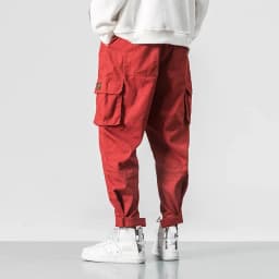 Men Multi-pocket Elastic Waist Design Harem Pant Street Punk Hip Hop Red Casual Trousers Joggers Male Army Cargo Pants 5XL