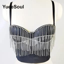 Black Y2K Tops White Rhinestone Sequins Tassel Slim Crop Top New Gothic Party Club Wedding High Street Sexy Corset Top Camis
