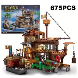 Creative Medieval Pirate Island Fortress Castle Building Blocks Adventure Ship Log Cabin Model Boat Assemble Bricks Toys Gifts