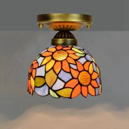 European Stained Glass Ceiling Light - Handcrafted Floral Rose Mosaic, Antique 8Inch Wide Flush Mount for Dining Room/Library