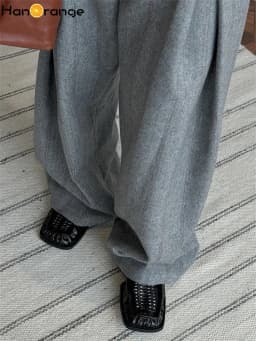 HanOrange 2026 Heavy Weight Winter Retro Herringbone Wool Pressed Double Pleated Trousers Women Wide Legs Pants Gray/Brown