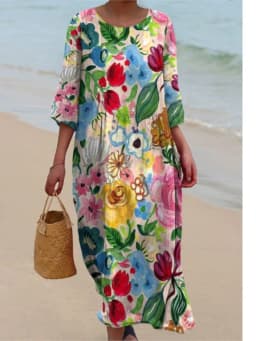 Spring Summer New Short-sleeved Casual Printed Dresses For Women's Retro Loose O Neck Female Small Fresh Holiday Robe Dress 2026