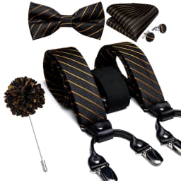 Luxury White Men's Suspenders Adjustable 6 Clips Braces DiBanGu Leather Metal Pre-Tied Bow Tie Brooch Pocket Square Set
