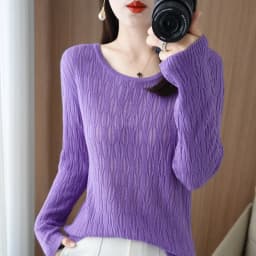 Autumn New Ladies Soft Breathable Sweater Wool Blend O-Neck Pullover Curved Hollow Out Knitted Sweater Slim-Fit Commuter Tops