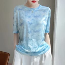 Summer New Women's Round Neck Printed Knitted Short-Sleeved Thin T-shirt Loose Bottoming Shirt