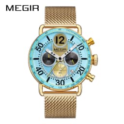 MEGIR Waterproof Quartz Watch with Blue Dial Chronograph Stainless Steel Mesh Strap Date Multifunctional Sports Wristwatch Brig