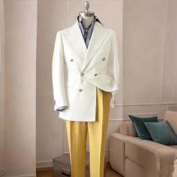 Timeless Men's Navy Blue Double Breasted Suit Summer Breathable Casual 2Piece Set Jacket+Yellow Linen Pants Wedding Groom Attir