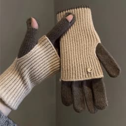 Winter Women's Exposed Finger Touch Screen Warm Long Short Dual-Use Cycling Student Color Blocked Knitted Yarn Gloves