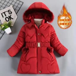 2024 New Winter Keep Warm Girls Jacket Waist Belt Design Detachable Hat Lining Plush Hooded Heavy Coat For Kids