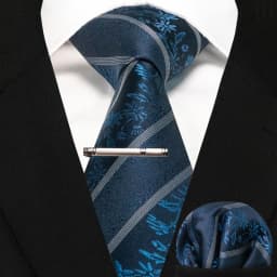 JEMYGINS Business Tie for Men Silk Navy Blue Tie Striped Paisley Necktie Handkerchief Tie Clips Set for Wedding Party Gift