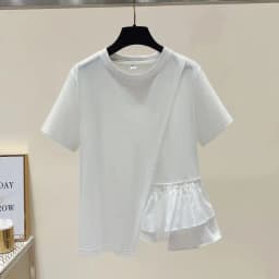 Summer Short Sleeve Tshirts Women Ruffles Patchwork Asymmetrical Fashion T Shirts High Street Casual All-match Ladies Tops