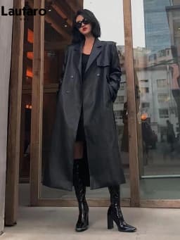 Lautaro Spring Autumn Long Black Soft Pu Leather Trench Coat for Women Belt Double Breasted Cool Handsome European Fashion 2022