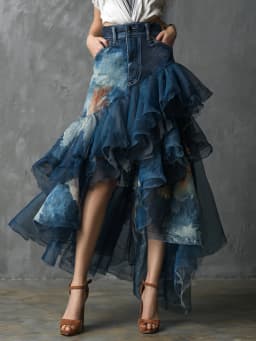 Women's Denim Tie-dye Ruffle Maxi Skirt High Waisted Asymmetrical Sheer Tulle Layered Skirt For Female Fashion Outfits Skirts