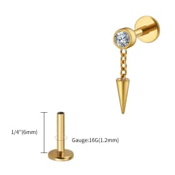 Right Grand ASTM F136 Titanium Bezel CZ Dangle Cone Labret Cartilage Earring Conch Helix Stud Tragus Spike Chain Drop Earring