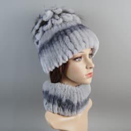 Real Rex Rabbit Fur Hat And Scarf Set Women Winter Knitted Beanie Hat Natural Fur Skullies Beanies Woman Hat Female Cap Elastic