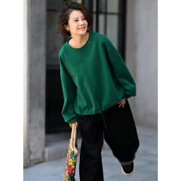 R7151C Artistic Retro Brushed Drawstring Round Neck Pullover Loose Batwing Sleeve Short Sweatshirt for Women Autumn