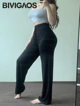 Women Spring Summer Thin Modal Wide Leg Pants Elastic Drawstring Stretch Drape Gray High Waist Casual Pants Dance Fitness Pants
