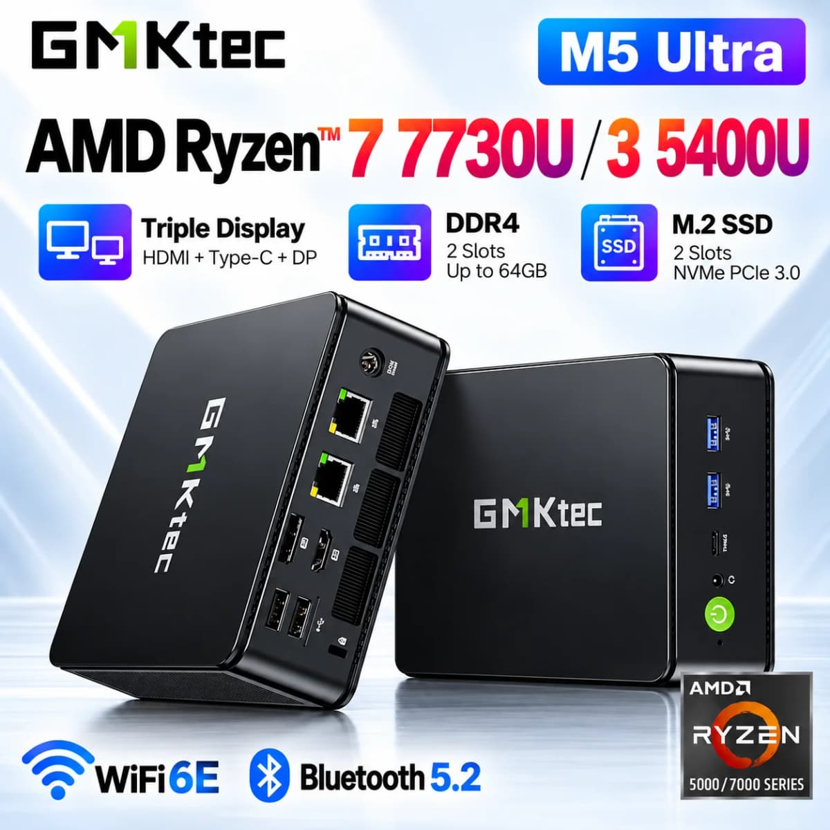 GMKtec M5 Ultra M5S Mini PC AMD Ryzen 7 7730U Ryzen 3 5400U Windows 11 DDR4 3200MHz NVMe SSD Dual 2.5G LAN WiFi 6E BT5.2
