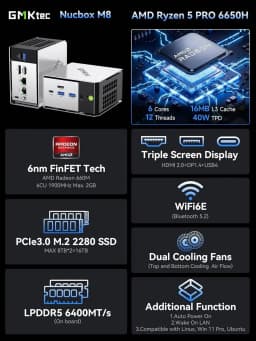 GMKtec M8 Mini PC AMD Ryzen 5Pro 6650H NUCBOX Win11 Pro LPDDR5 6400MT/s 16GB 500GB/1TB AMD Radeon 660M Oculink Wifi 6E BT5.2