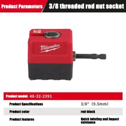 Milwaukee 3/8' SHOCKWAVE Threaded Rod Nut Disassembly Sleeve, Quick Assembly and Tightening Impact Drive Sleeve Tool 48-32-2391