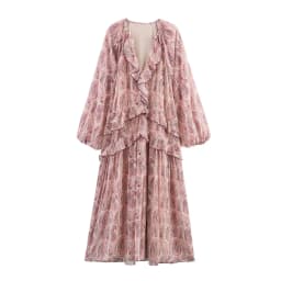 Loose V-neck Printed Maxi Dress Layered Decoration Women's Fashion Spring Summer Long Skirt Elegant Style Regular Sleeve