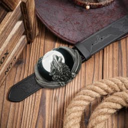 Western Men's Denim Belt Retro Belt Wolf Head Red moon moon Belt Buckle Hip-Hop Personality Retro Style Unisex Matching Jeans/CA
