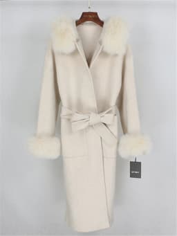 OFTBUY New Oversize Loose Cashmere Wool Blends Real Fur Coat Winter Jacket Women Natural Fox Fur Collar Hood Outerwear Belt