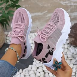 Women's Spring Autumn Knitted Thick Sole Sneakers Leopard Print Patchwork Breathable Flying Woven Lace‑Up Casual Walking Shoes