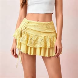 Women Floral Lace Ruffle Mini Skirt Side Drawstring Ruched High Waist Tiered Mesh Skirt Solid Color Y2K Casual Streetwear