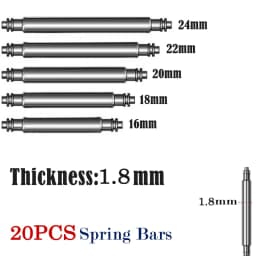 20pcs 1.8mm Diameter Spring Bar Watch Band Pin Watch Accessories Stainless Steel Spring Rod Link Pins 16mm 20mm 22mm 24mm Width