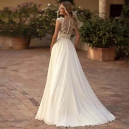 Customized Chiffon Wedding Dresses Beaded Lace Applique Cap Sleeve Sheer Neck Illusion Buttons Bridal Gown with Slit Boho Simple