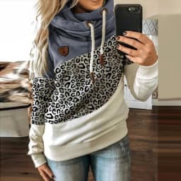 Customizable 2024 New UZZDSS Women Patchwork Hooded Sweatshirt Leopard Print Drawstring Hoodie Casual Long Sleeve Pullover Tops