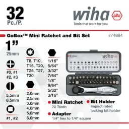 Wiha 32 Pieces GoBox Standard Batch Head Set, mini 72 Tooth Ratchet Wrench, Magnetic Batch Head 1/4 inch Precision Tool 74984