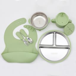 Silicone Stainless Steel Tableware 7-Piece Set, Bib, Plate, Bowl, Stainless Steel Spoon, Fork, Multifunctional Water Cup Set