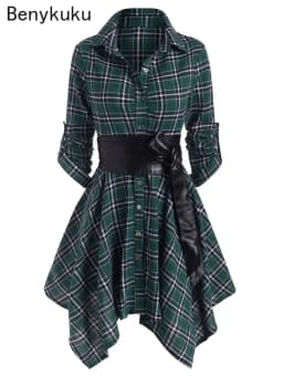 Women Red Plaid Belted Roll Tab Sleeve Handkerchief Dress Grunge Gothic Casual Dresses Vestidos Button Up Long Sleeve Streetwear