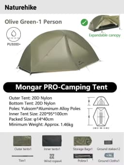 Naturehike Mongar 1 2 3 Base/UL/PRO Camping Tent Ultralight Outdoor Waterproof Hiking Tent 1 2 3 Person Backpacking Tent